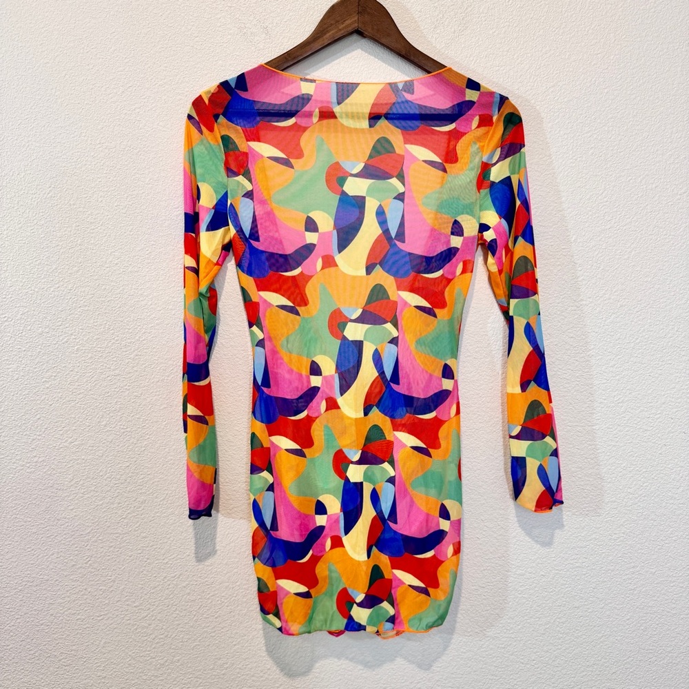 Y2K Psychedelic Mesh Mini Dress Sheer Abstract Ruched Long Sleeve Clubwear Party